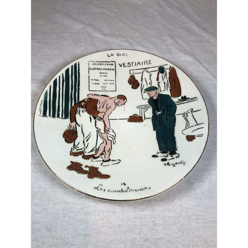 Vintage Rare French La Boxe Boxing Collectors Plate Cartoonist Charles Genty 8"